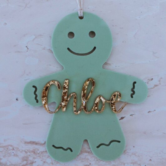 Green gingerbread man personalised with glitter name ornament