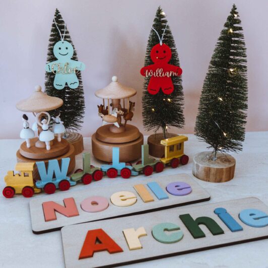 Christmas Decor, music carousels, trains and puzzles